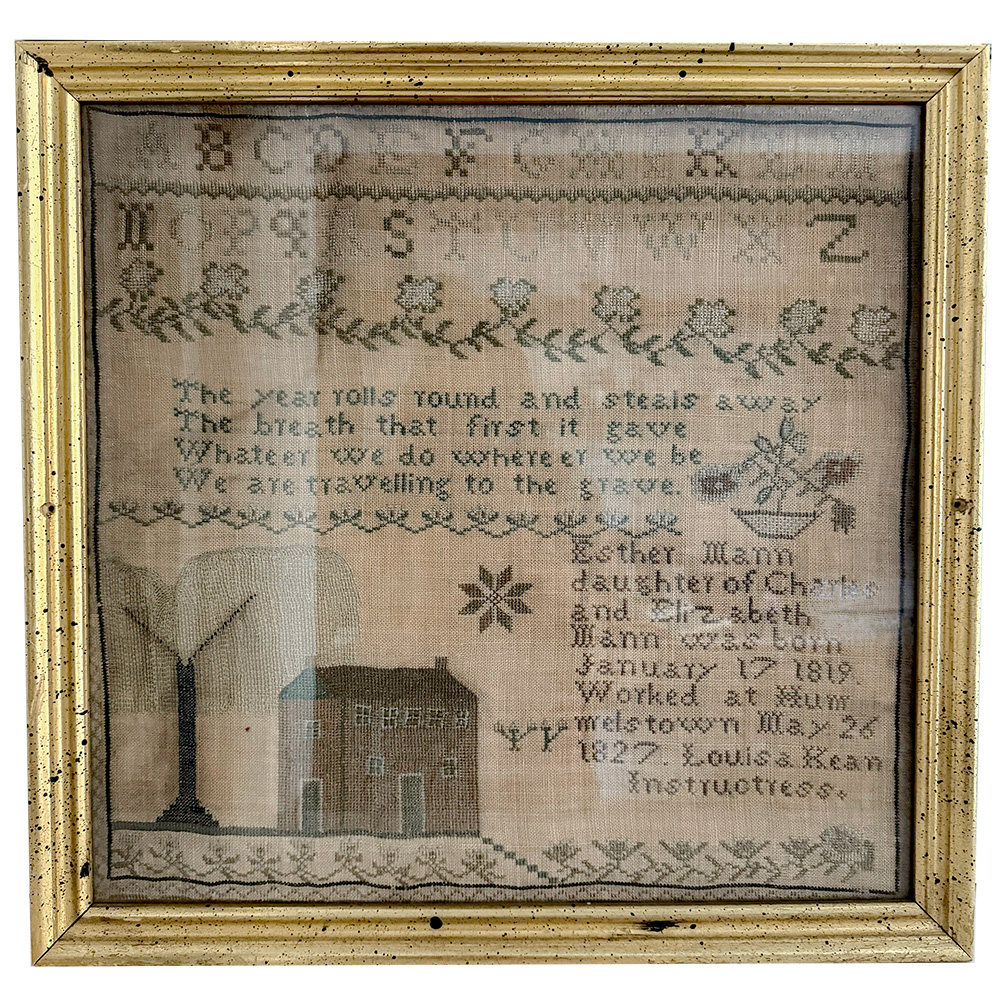 Needlepoint sampler by Esther Mann, 1827